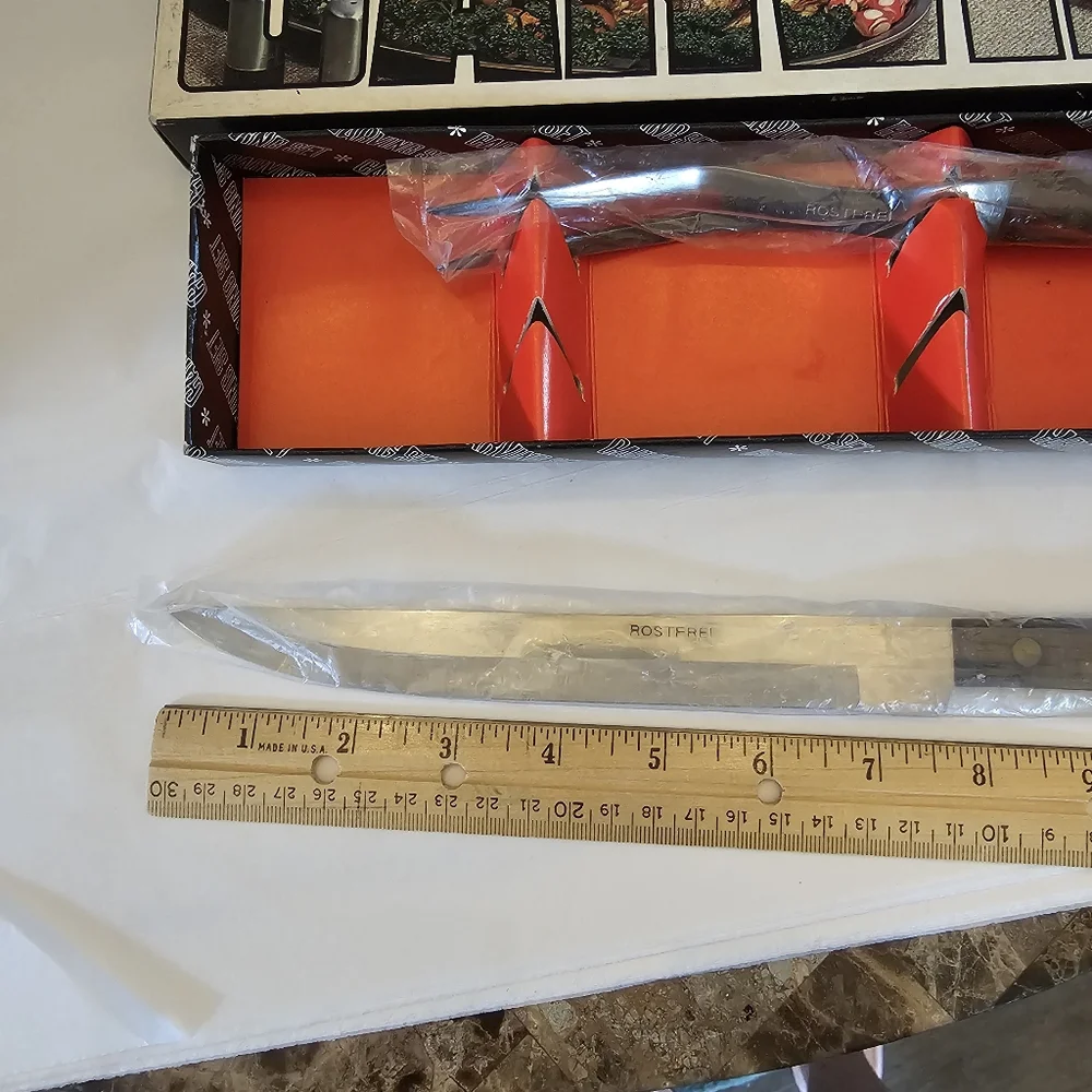 60's Rostfrei Wood Handle Meat Carving Knife & Fork Boxed Set Vintage MCM